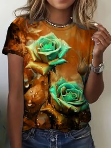 Teal & Purple Womens Tee - Dewy Rose Graphic Vibrant Floral Print Design for Casual Daily Wear
