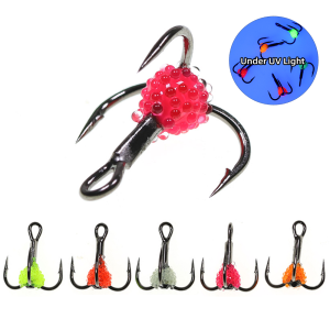 5pcs #8 #10 #12 #14 Ice Fishing Treble Hook High Carbon Steel Triple Hook With UV Lifelike Fish Roe Trout Fishing Winter Pesca
