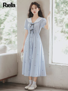 Puella | Academic Style Fresh Summer Dress with Navy Collar and Lace-up