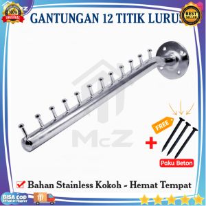 GANTUNGAN BAJU 12 TITIK LURUS P=33Cm Stainless Tempel Bonus Paku Beton