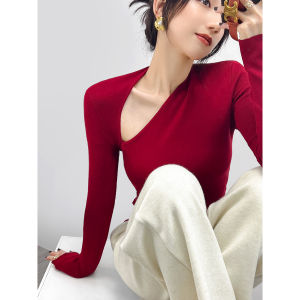 D/Z Shop Womens Asymmetric Shoulder V-Neck Knitwear Long Sleeve Slim Fit Base Layer Sweater Exposed Clavicle Autumn Fashion
