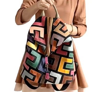 Backpack Leather Womens Colorful Cowhide Splicing Backpack Retro Casual Womens Bag