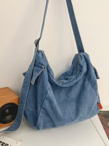 Trendy Retro Messenger Bag Casual Fashion Jean Bag Pure Color Versatile Large Capacity One Shoulder Literary Style Messenger Bag for Women