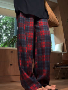 MEITESIJIAONU | Blue and Red Plaid Flax Wide Leg Trousers