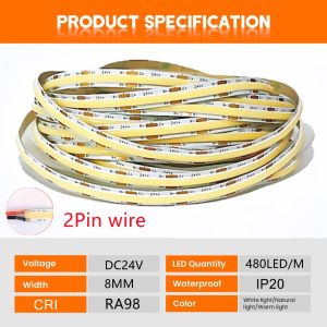 Tri Color Dimming 10m 24V COB LED Strip Light 480 LEDs/m 8mm Width High Density Flexible RA95 Light Strip for TV Wall Decoration