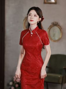 Shuhai 2025 New Chinese Style Mid-Length Wedding Dress Slimming Red Cheongsam Short Sleeve High Slit Elegant Evening Gown