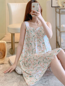 Summer Thin Cotton Silk Fabric Can Be Outwear Loose Sweet Cute Print Thick Slip Nightdress Medium Girl Home