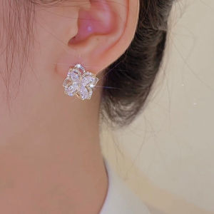 Exquisite Four-leaf Rotating Ear Studs S925 Silver Needle Fairy Atmosphere Simple Fashionable Earring Drop Ear Jewelry