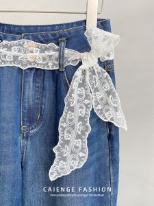 CAIENGE | Korean Style Loose Casual Lace Jeans with Belt