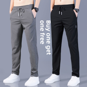 Mens Casual Ice Silk Pants Korean Trend Straight Wide Loose Fit Large Size Elastic Sports Pants Summer Thin Style