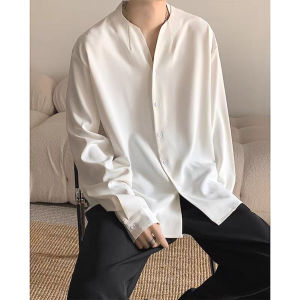 New Chinese Style V-Neck Mens Shirt Luxury Acetate Loose Long Sleeve Abstinence Silk Satin Ice Silk Collarless Shirt