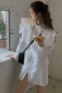 French Style Unique Beautiful White Shirt Dress Autumn Winter Small Size Great Looking Commute Korean Version Button Detail