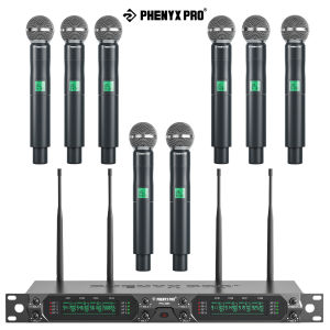 Phenyx Pro PTU-4000 Wireless Microphone System 8-Channel UHF Mic with Metal Handheld Wireless Mics 260ft Range Fixed Frequency Dynamic Microphone for Karaoke Church Singing DJ