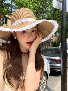 French Lace Trim Butterfly Knot Woven Straw Hat Women Summer Beach Big Brim Face Slim Sun Protection Hat Outdoors round Top Hat