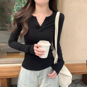 Áo Thun Cotton Dài Tay Ôm Vừa Vặn Cổ Thấp Mùa Thu Mới Về Phong Cách Hàn Quốc Pure Desire Dành Cho Nữ