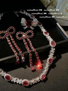 Luxurious Retro Gemstone Necklace Earring Set with Pomegranate Flower And Butterfly Knot for Wedding Dress Accessories