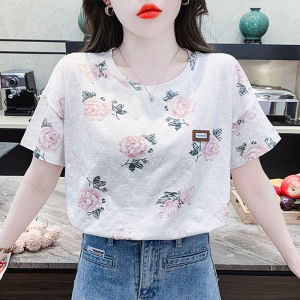 เสื้อยืดแขนสั้นผู้หญิงฤดูร้อน ผ้าฝ้ายแท้พิมพ์ลายดอกกุหลาบ สีขาว ทรงหลวม ทรงเข้ารูป เสื้อชั้นใน เสื้อผ้าทำงาน สไตล์เกาหลี