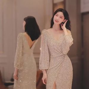DINNER DRESS Womens Sequins Embellished Dinner Fishtail Dress Noble And Dignified Temperament 宴会晚礼服长袖长款银色鱼尾裙