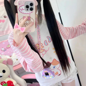 Cartoon Fashion Printed Street Outfit Lolita T-shirt Autumn Retro Sweet Cute Striped Top Womens Y2k Lolita Harajuku T-shirt