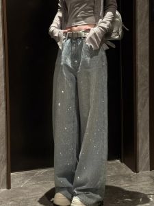 Retro American Diamond Embellished Heavy Duty Womens Jeans Glittering Long Pants Summer New Style Casual High Waist Wide Leg