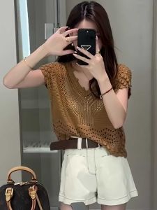 Ladies V-Neck Ice Silk Short Sleeve Knitted Top Loose Fit Summer Style Casual Browsing Fashion plus Size Slimming Short Shirt