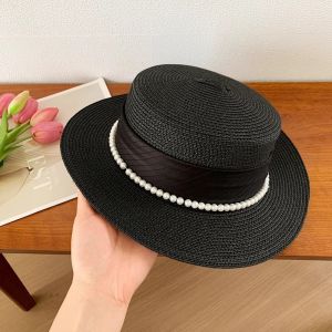 Elegant Refined Socialite Chic Little-Brimmed Pearl Flat-Top Straw Hat Travel Accessory Simple Exquisite Headwear