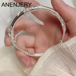ANENJERY Silver Color Lotus Pattern Sculpture Cuff Bracelets&Bangles Women Men Vintage Thai Silver Jewelry Wholesale