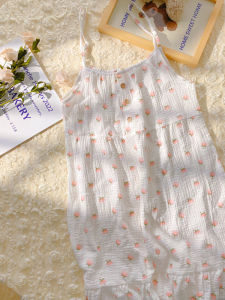 ชุดนอนผ้าสาลูสองชั้นสำหรับผู้หญิงชุดสองชิ้นกางเกงขาสั้นสายเดี่ยวผ้าฝ้ายแท้สำหรับฤดูร้อนกระโปรงนอนแนวสวยหวานเซ็ตเสื้อผ้าใส่ในบ้านผ้าฝ้ายเส้นด้าย