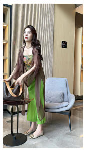 Summer 2025 New Chinese Style Printed Slim Fit Dress Two Piece Set Contrast Color Strapless Dress Cotton Blend Fashionable