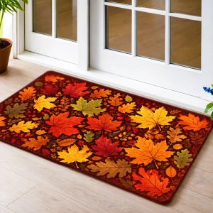 VIKAMA Fall Autumn Leaves Half Round Doormat Non Slip Washable Rug for Front Door Entryway Kitchen Harvest Decor