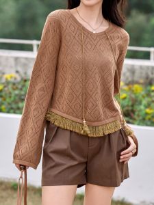 WANGGONGZHU | Princess Style Long Sleeve Lace Splice Knitted Top Women Spring Autumn Thin Hollow Out French Tassel Loose Fit Cotton Casual Shirt