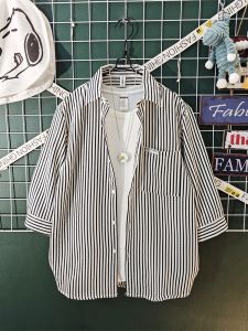 Japanese Style Vintage Stripe Three-Quarter Sleeve Shirt & Loose Fit Men's Suit