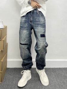 Quần Jeans Nam Ống Thẳng Rộng Retro Blue American High Street Quần Dài Có Lỗ Xẻ Quần Thường Ngày Mùa Xuân Thu Đông