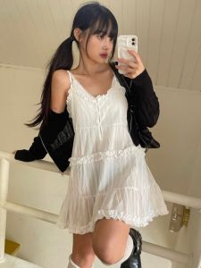 Đáng Yêu Chia Viền Xếp Nếp Đầm Ngắn Phong Cách Hàn Quốc Dễ Thương Retro Cao Vòng Eo Dáng Chữ A Hình Bóng Cộc Tay Không Tay Trắng Dễ Thương Đầm