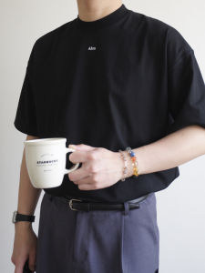 Aam Official Mens Short Sleeve T-Shirt 250g Sorona Embroidery Small Logo round Neck Summer Simple  Style Cotton Tee