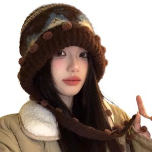 Autumn Winter Retro Knitted Beanie Hat Thickened Warm with Ear Flaps Wool Thermal Cap for a Small Face Slimming