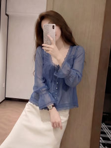 HUANJI | Elegant Blue Lace V-Neck Long Sleeve Shirt Big Size