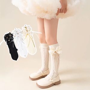 ถุงเท้าเด็กผู้หญิง ตาข่ายไนลอนยาว ประดับโบว์ น่ารัก ระบายอากาศดี รุ่น LT315