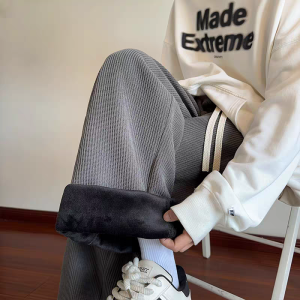 New 2024 Mens Fleece Lined Wide Leg Pants Casual Straight Cut Trousers Autumn Winter Drapey Loose Fit Student Fashion Trendy