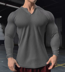 American Style Henry Collar Quick Dry Ice Silk Long Sleeve Deep V Neck T Shirt Mens Slim Fit Base Shirt Folded Muscle Texture