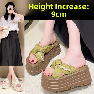 DINGMUYI | Height-increasing Chinese-style Thick-soled Slippers 9cm