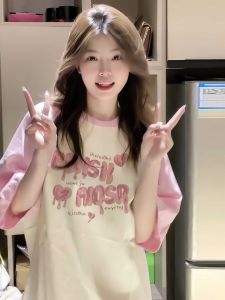 Pink Pure Cotton Short Sleeve T-Shirt Womens Large Childrens Summer Dopaamine Clothing Color Block Shoulder Insertion Top