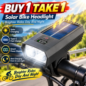 Buy 1 Take 1 LED Solar Bike Headlight Type C Rechargeable Bicycle Front Light With Solar Charging Digital Battery Display Dual LED Wide Beam Anti Glare Waterproof Cycling Lamp SuitableSustainable energy storage under low-light conditions