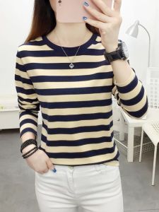 Loose Long Sleeve Striped Base Shirt Autumn Style Womens T-shirt Korean Version Round Neck Print Dyed Splicing Top for Mom