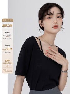 เสื้อยืดแขนสั้นผู้หญิงทรงหลวมสไตล์ฤดูร้อน 2025 เสื้อผ้าผู้หญิงแขนกุดแบบใหม่ที่มีความรู้สึกที่ไม่ซ้ำใครพร้อมคอวีและเส้นใยโพลีเอสเตอร์