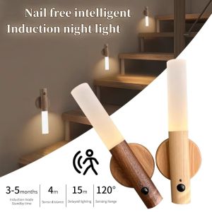 Simple Walnut Smart Human Body Induction Night Light LED Type-C Rechargeable Corridor Cabinet Wall Lamp Bedroom Lamp With Magnetic Bedside Lamp Wireless Atmosphere Light