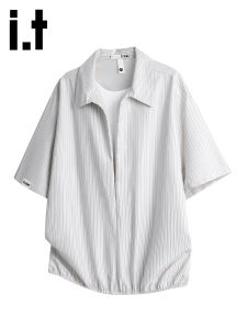 izzue | Striped Fake Layer Shirt Half-open Casual Short-sleeve
