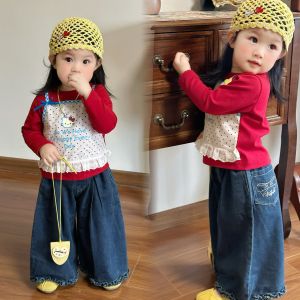 Tagkita | Bộ Quần Áo Dễ Thương Hình Thú Cưng Áo Thun và Quần Jeans Ống Rộng