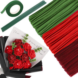 321 Pieces Red Green Pipe Cleaners Craft Flower Making Kit Chenille Stemswith Floral Wires Floral Tape for Bouquet DIY Art