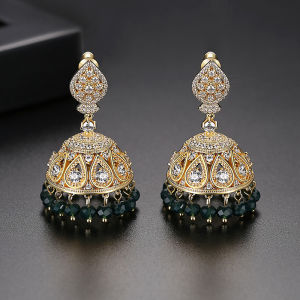 SEQUITO Vintage Boho Yellow Gold Plated Big Bell Drop Pave AAA Zircon with Green Bead Tassel Statement Party Earrings for Women Ethnic Jewelry SE622